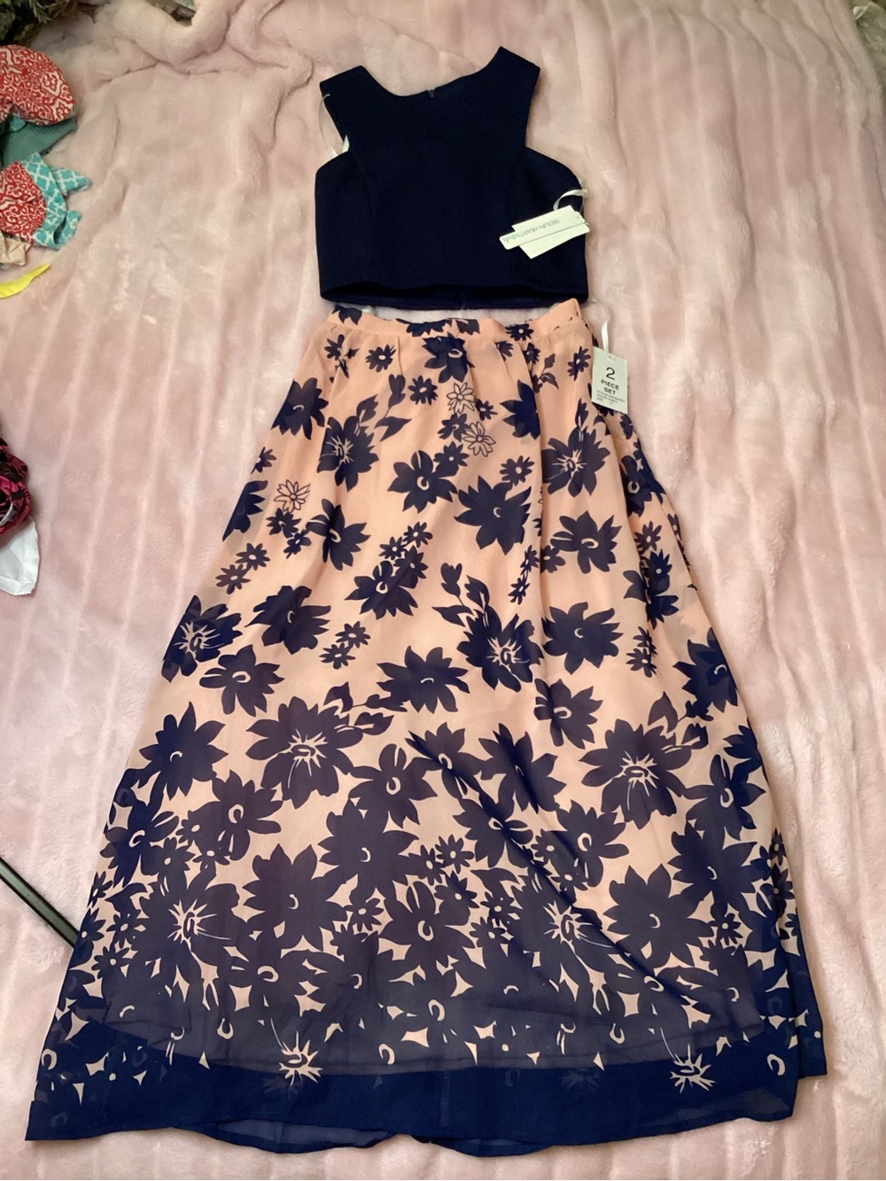 Sequin Hearts Navy and Blush Floral Two-Piece Maxi Dress for Kids
